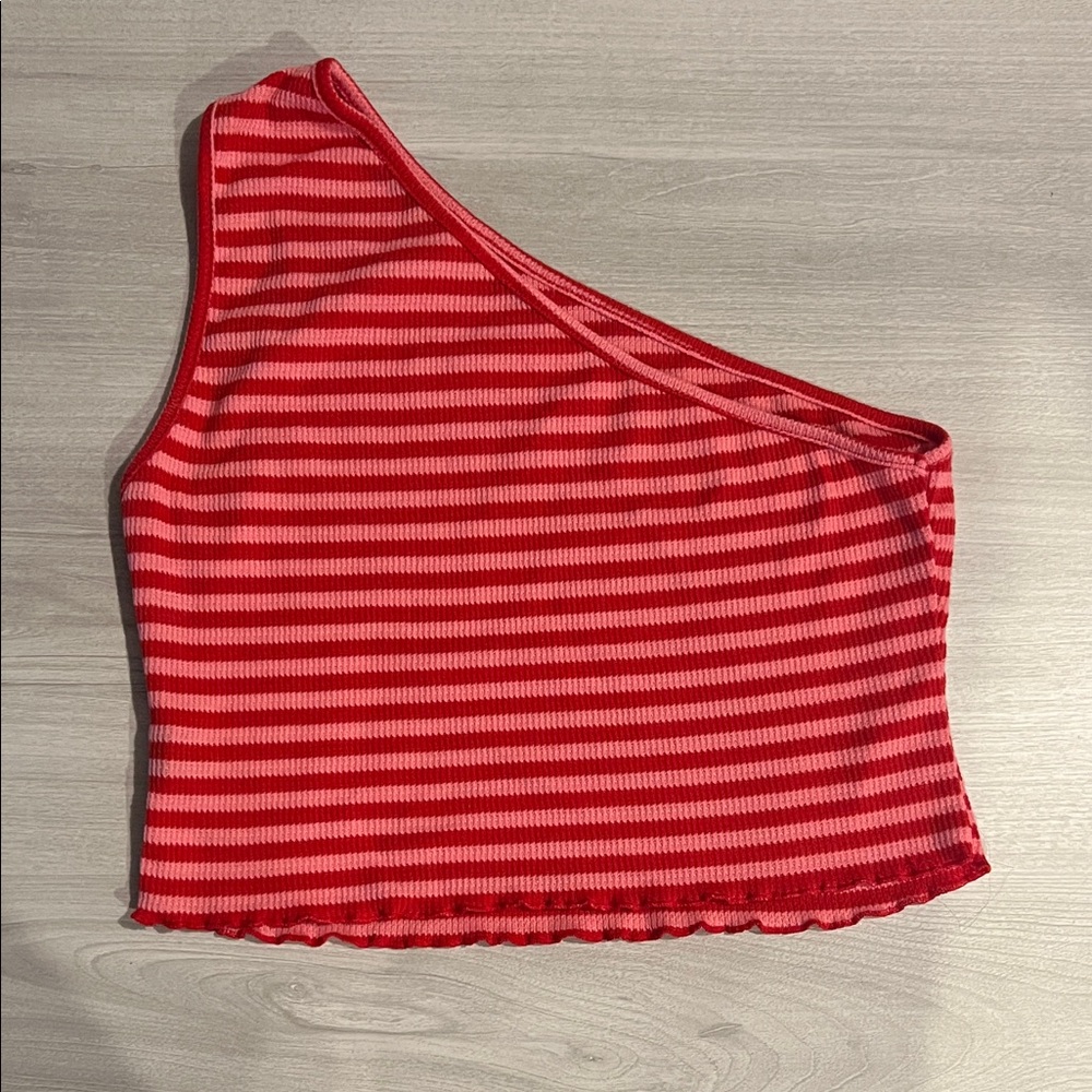Red Striped One-Shoulder Top
